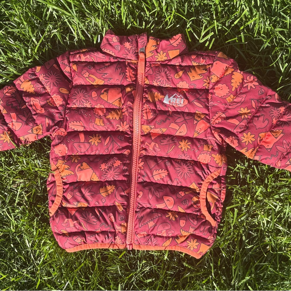 REI Kids' Floral Red and Orange Puffer Jacket